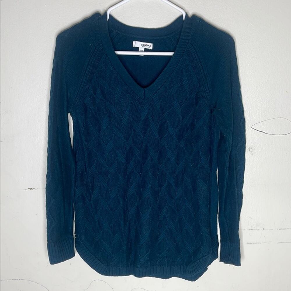 Sonoma Blue Green V Neck Cotton Blend Knit Sweater Size Small